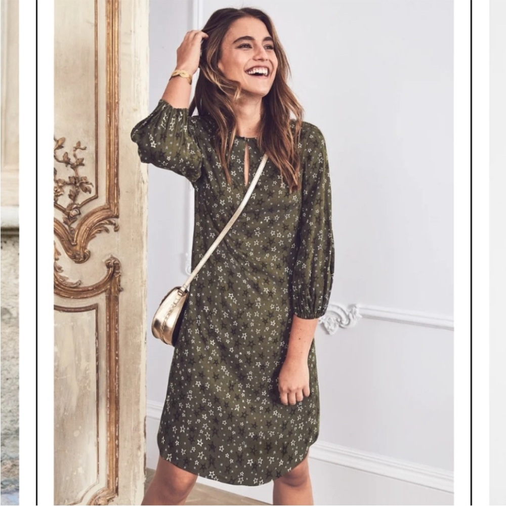 Boden Vanessa Shift Dress Sz 12 L 3/4 Balloon Sleeve Keyhole Star Print Green